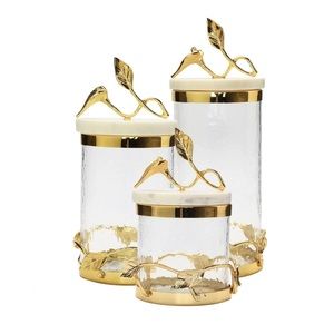 Gold Leaf Glass Canister with Marble Lid Set of 3